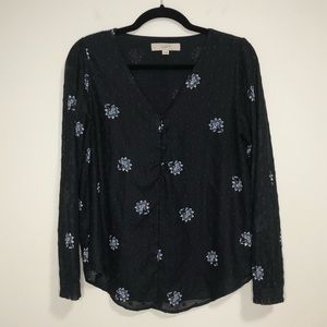 Ann Taylor Loft Floral Blouse Navy Blue XS